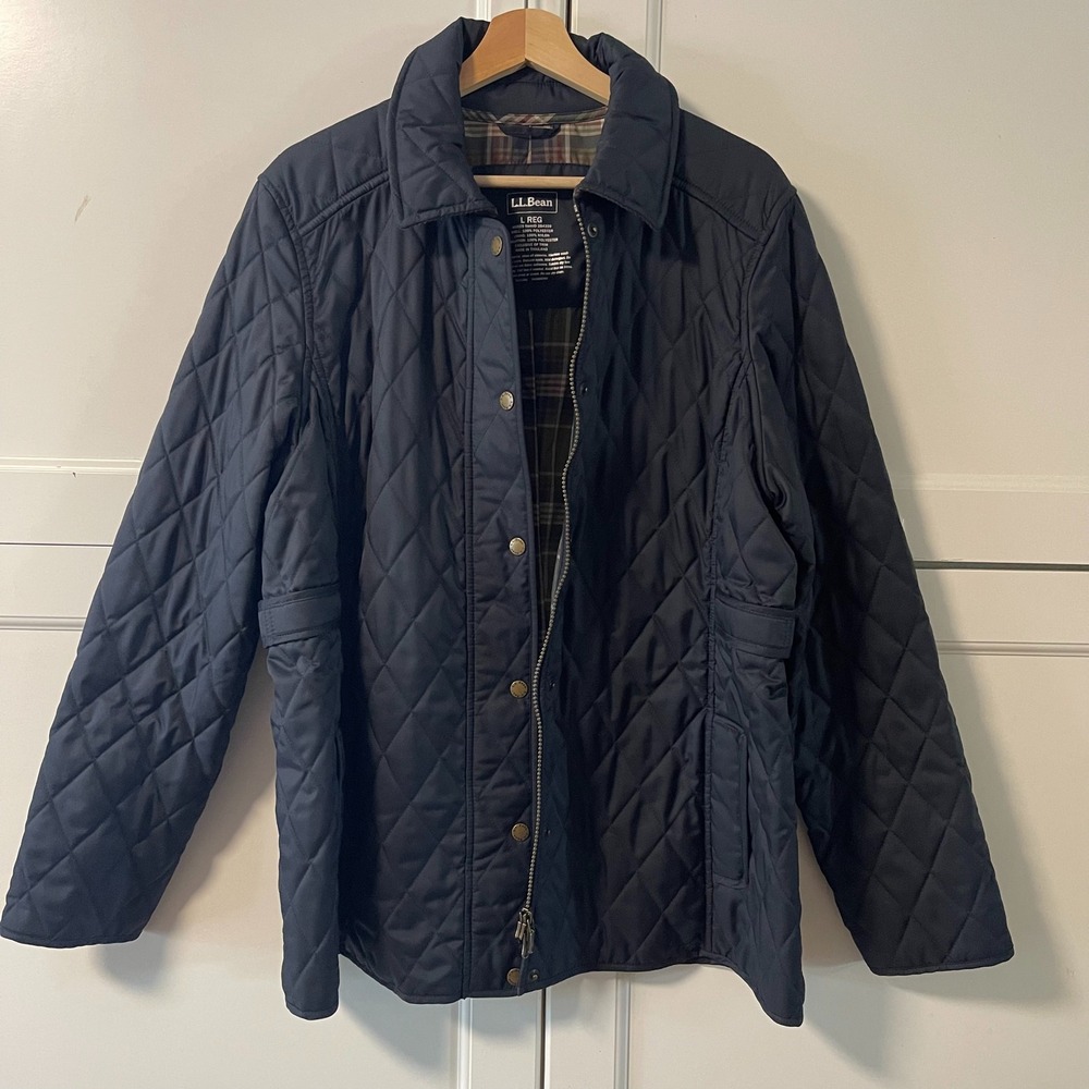 LL Bean Navy Blue Quilted Riding Jacket Plaid Lined Corduroy Trim 284359 Large